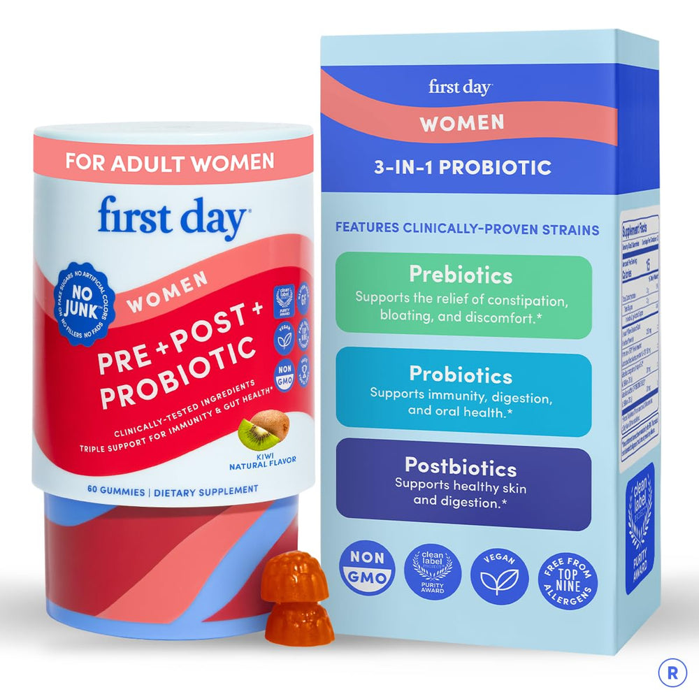 FIRST DAY Tribiotic gummies bottle for daily digestive balance