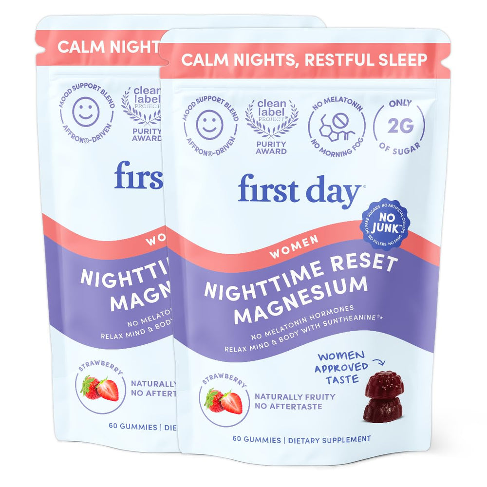 First Day Nighttime Reset bottle front promotes calm sleep support