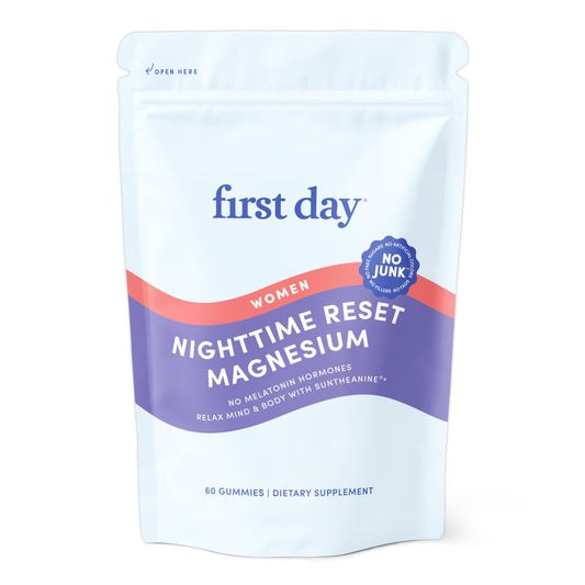 First Day Nighttime Reset gummies bottle promotes convenient sleep support for busy evenings.