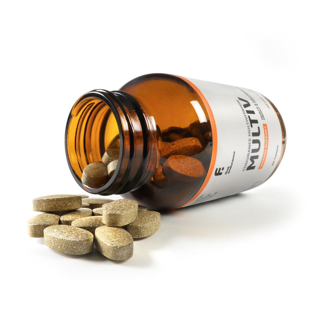 FIRST ENDURANCE Multiv bottle label close-up highlighting high-potency immune support