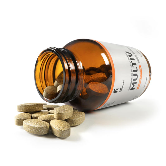 FIRST ENDURANCE Multiv bottle label close-up highlighting high-potency immune support