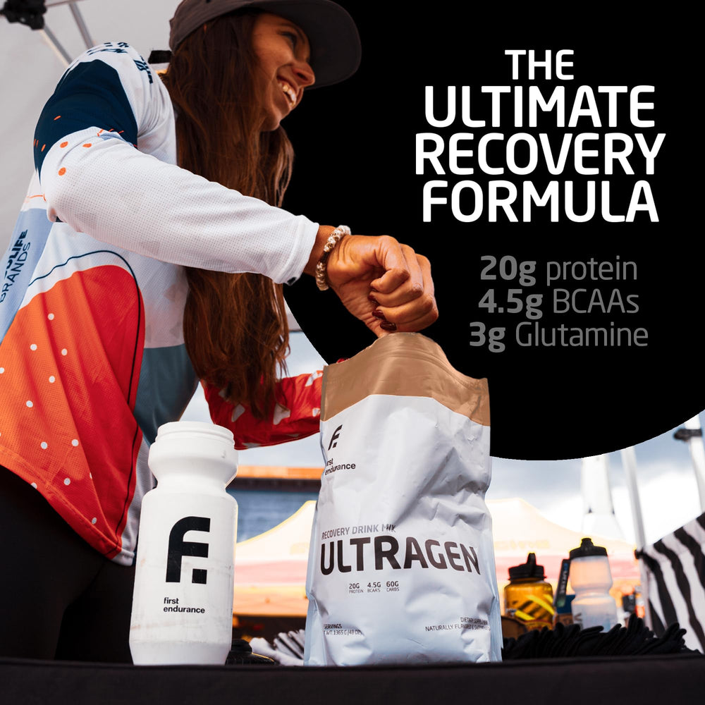 FIRST ENDURANCE Ultragen glass with mixed drink showing hydration and energy