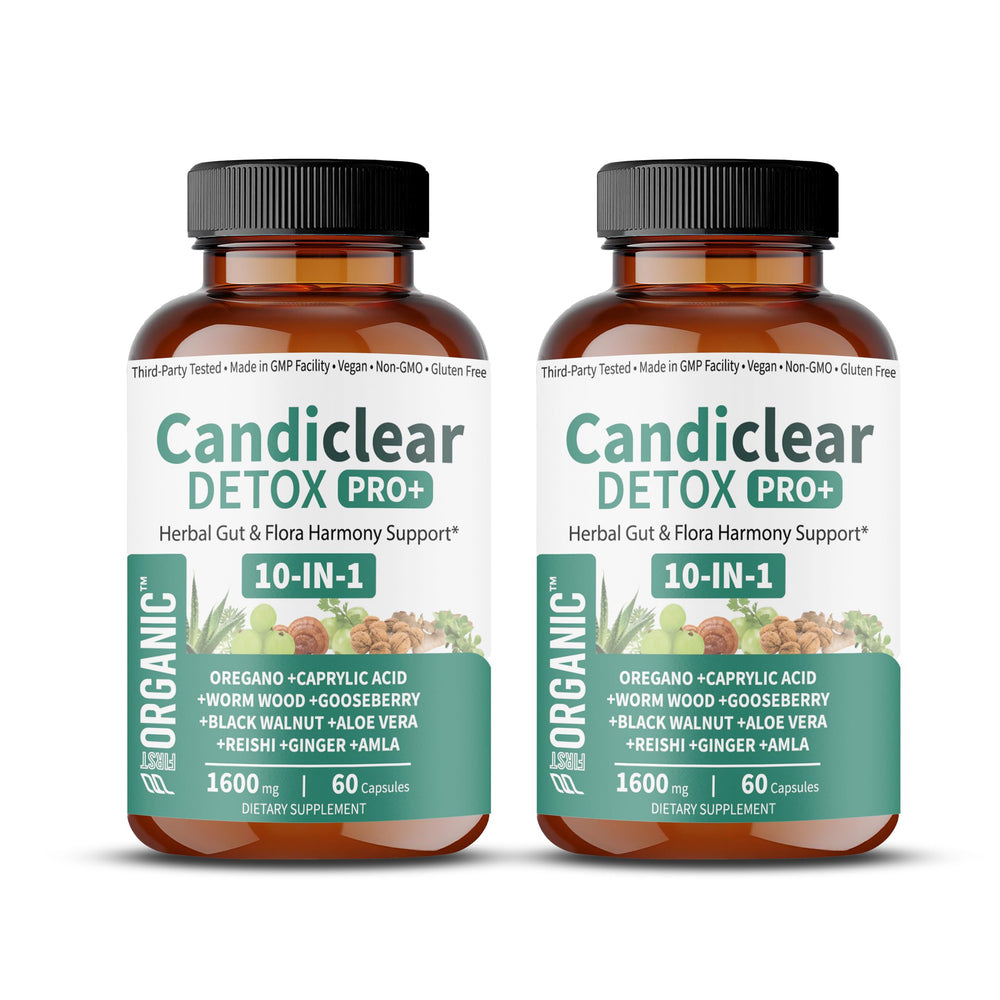 FIRSTORGANIC Candiclear Detox Pro+ bottle with capsules for daily gut balance