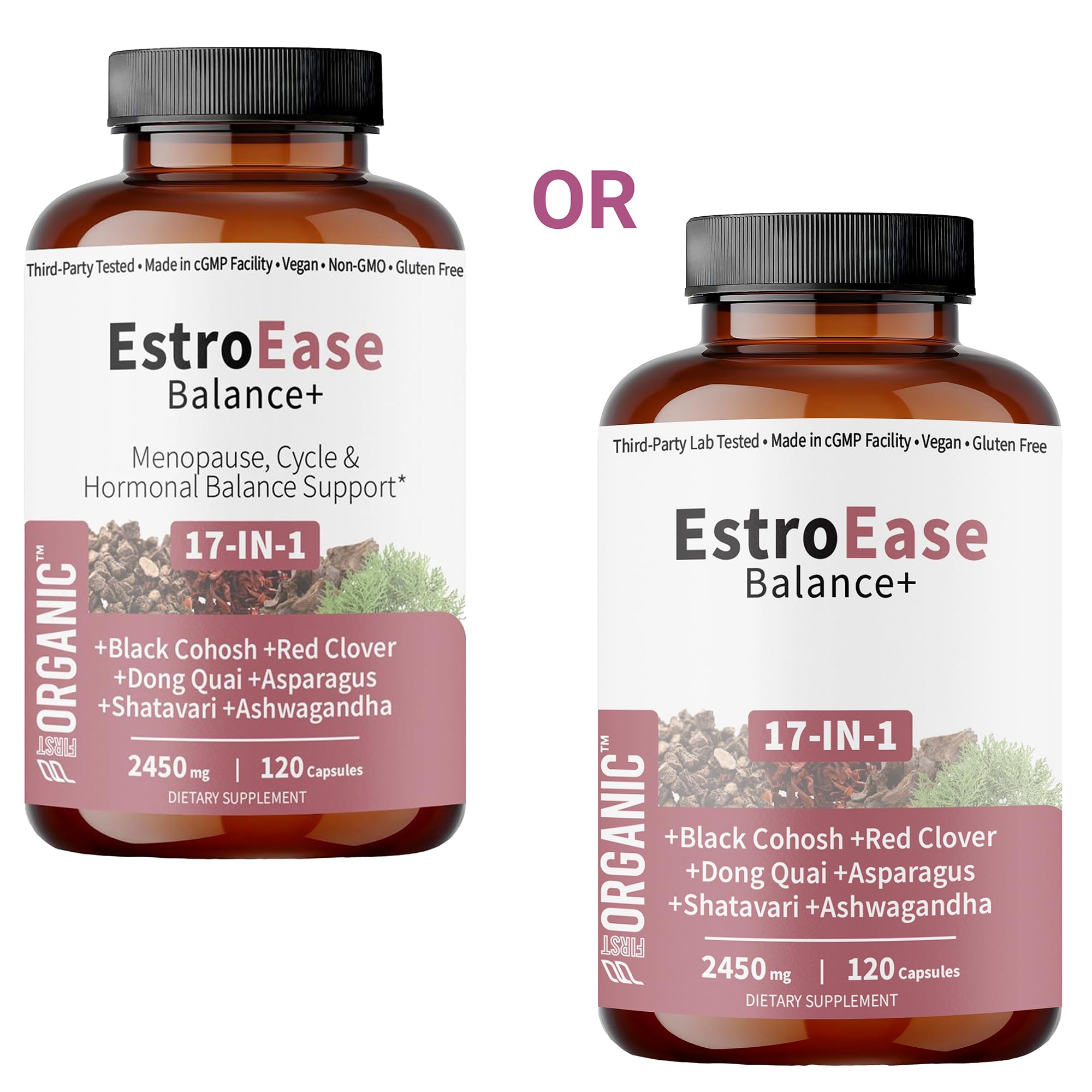 FirstOrganic Daily Menopause bottle label highlights vegan, gluten-free herbal blend.