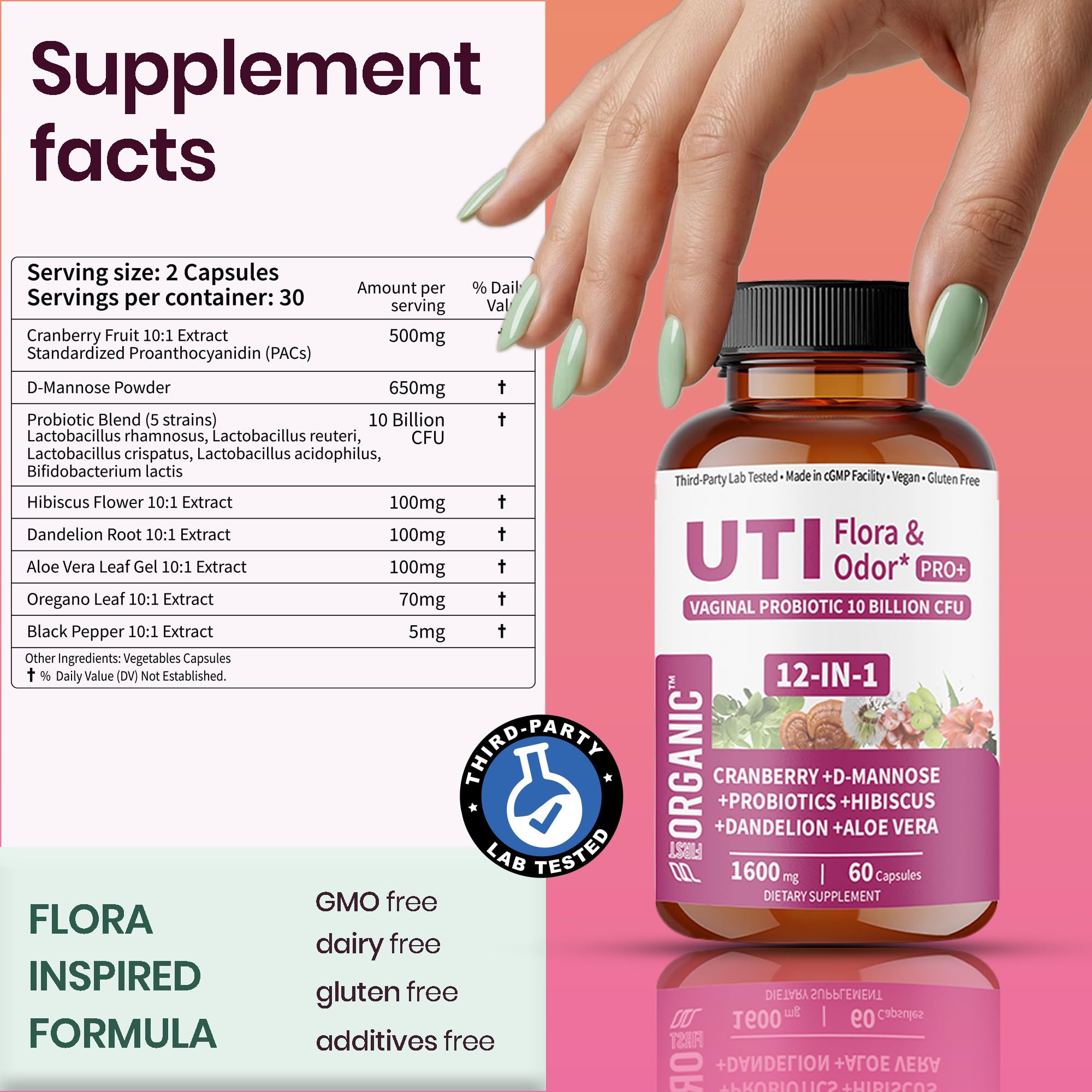  FIRSTORGANIC UTI Flora & Odor Pro+ capsules in hand