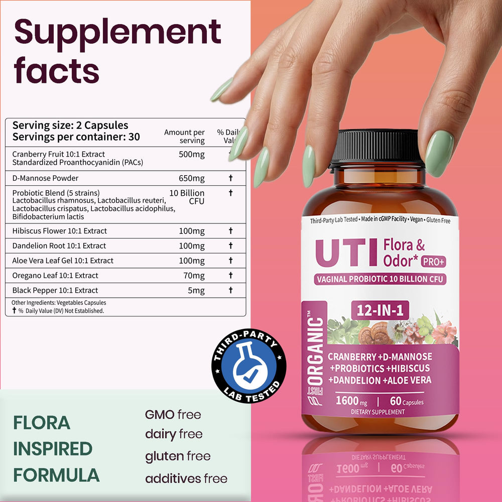  FIRSTORGANIC UTI Flora & Odor Pro+ capsules in hand