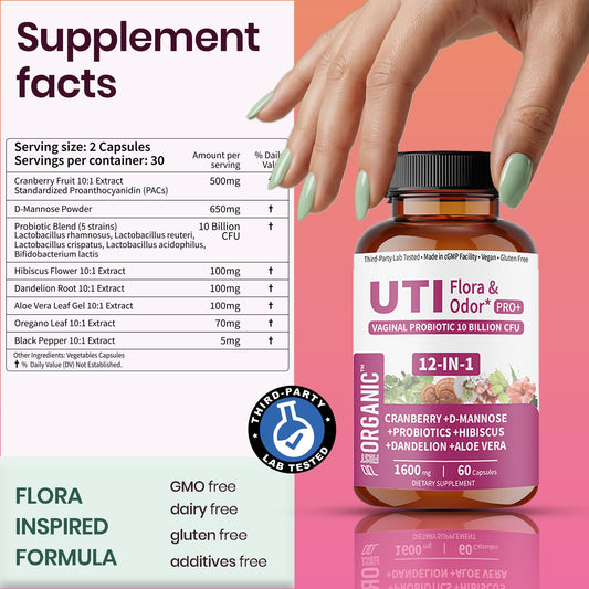  FIRSTORGANIC UTI Flora & Odor Pro+ capsules in hand
