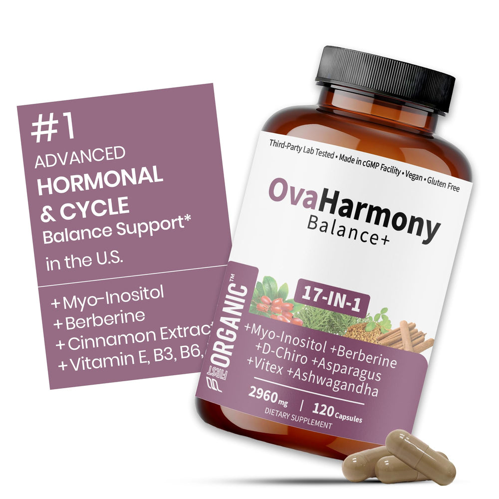 FirstOrganic women's advanced PCOS capsules bottle promotes daily cycle balance.