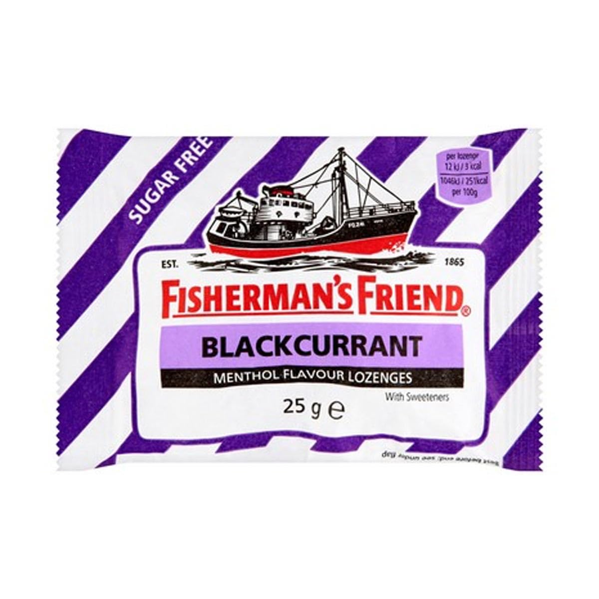 Fisherman's Friend blackcurrant lozenge in 25g pack for on-the-go refreshment