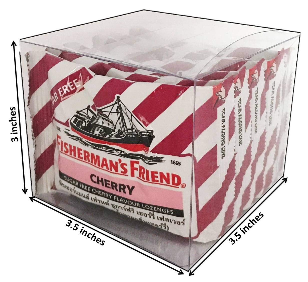 Thai-English labeling on Fisherman's Friend Cherry Sugar-Free Lozenges for easy identification.