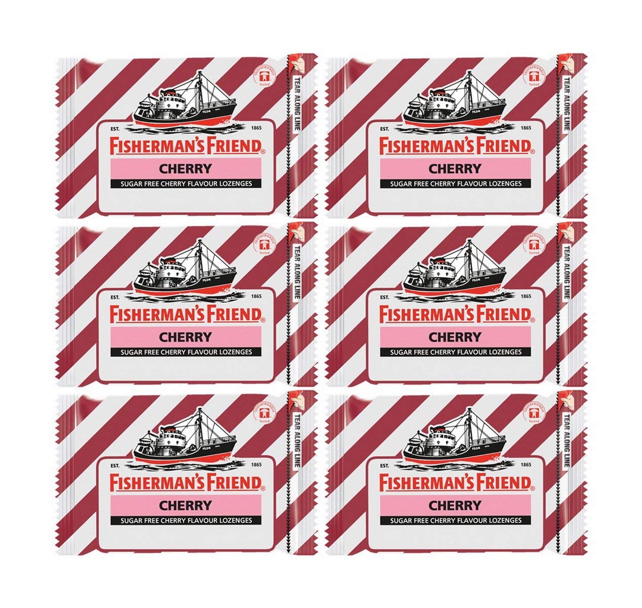 Fisherman's Friend Cherry Sugar-Free Lozenges packaging for travel convenience and quick use.