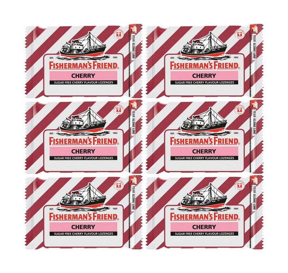 Fisherman's Friend Cherry Sugar-Free Lozenges packaging for travel convenience and quick use.