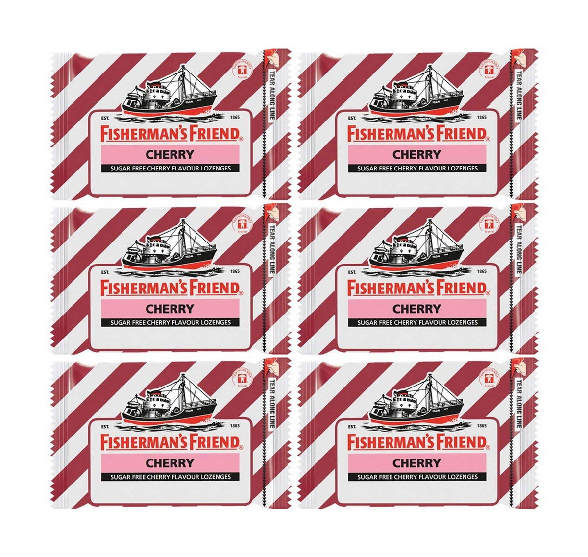 Fisherman's Friend Cherry Sugar-Free Lozenges packaging for travel convenience and quick use.