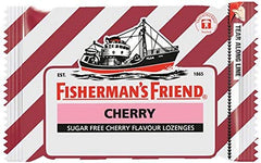 Close-up of Fisherman's Friend Cherry Sugar-Free Lozenges with clear branding for daily relief.
