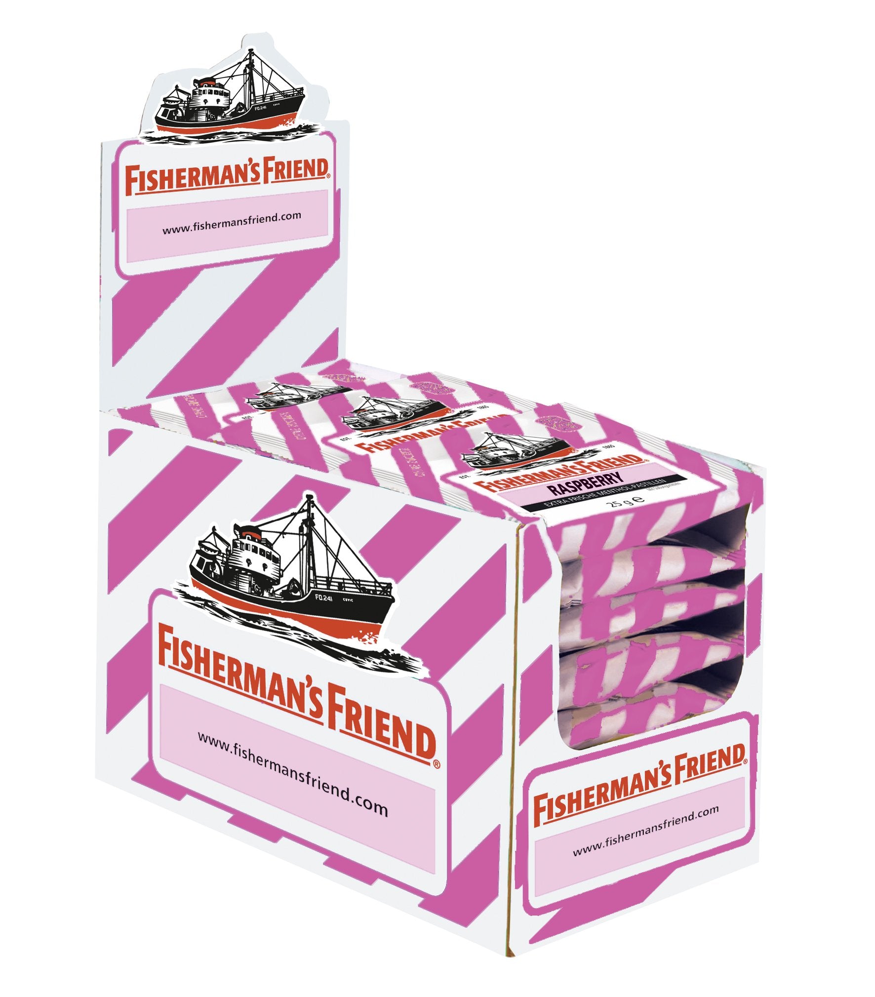 Fisherman's Friend Raspberry Sugar Free lozenge closeup highlighting crisp raspberry flavor