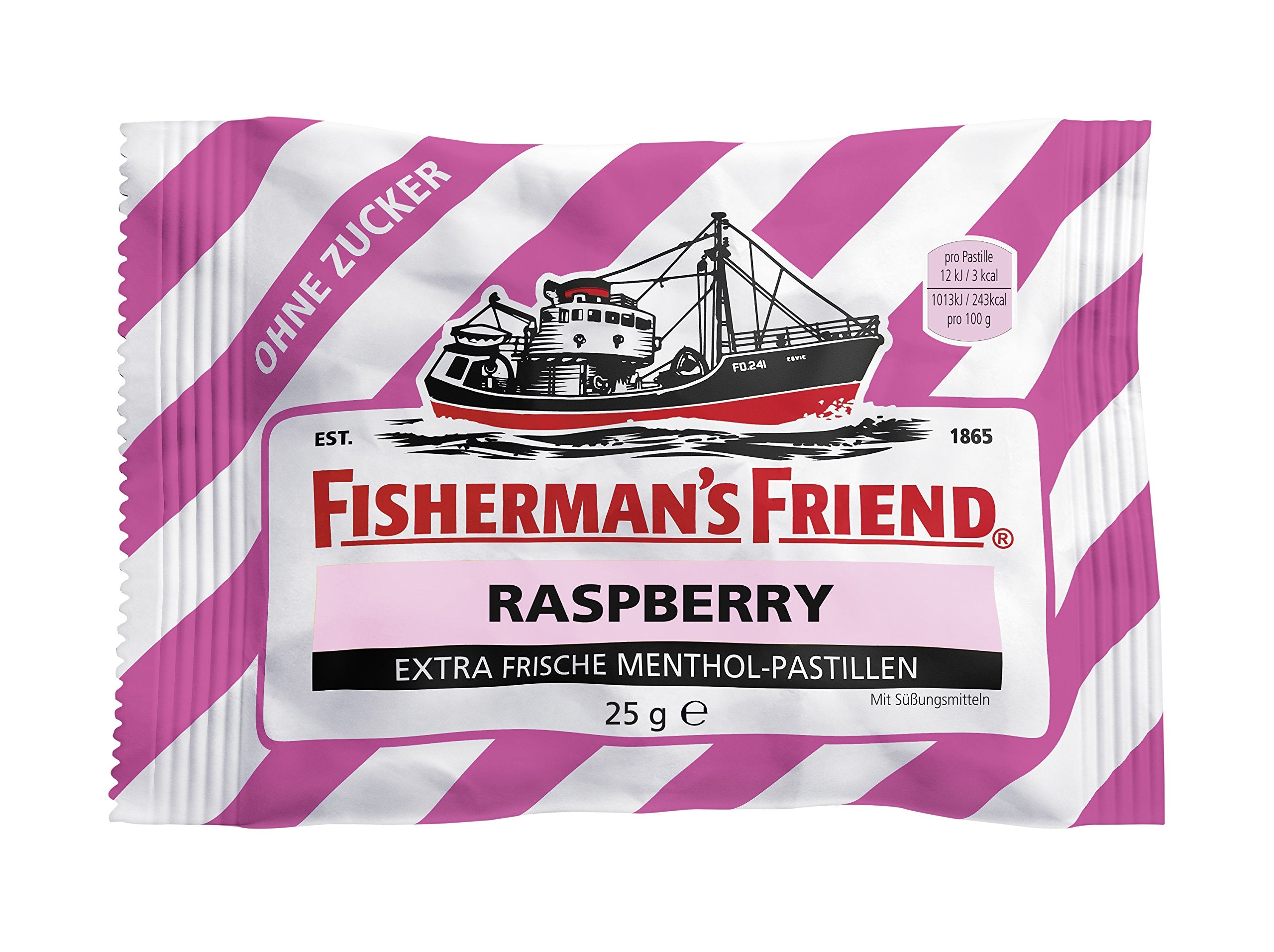Fisherman's Friend Raspberry Sugar Free tin shot emphasizes compact travel packaging