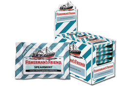 Fisherman's Friend Spearmint lozenges close-up highlighting refreshing mint flavor.