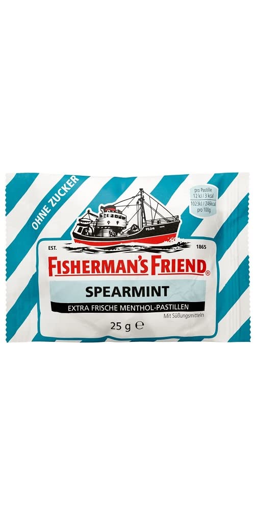 Fisherman's Friend Spearmint packaging front with on-the-go refreshment.