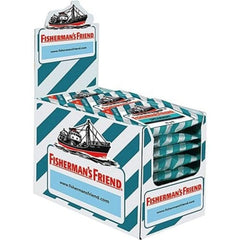 Fisherman's Friend Spearmint tin open with lozenges, portable storage highlight.