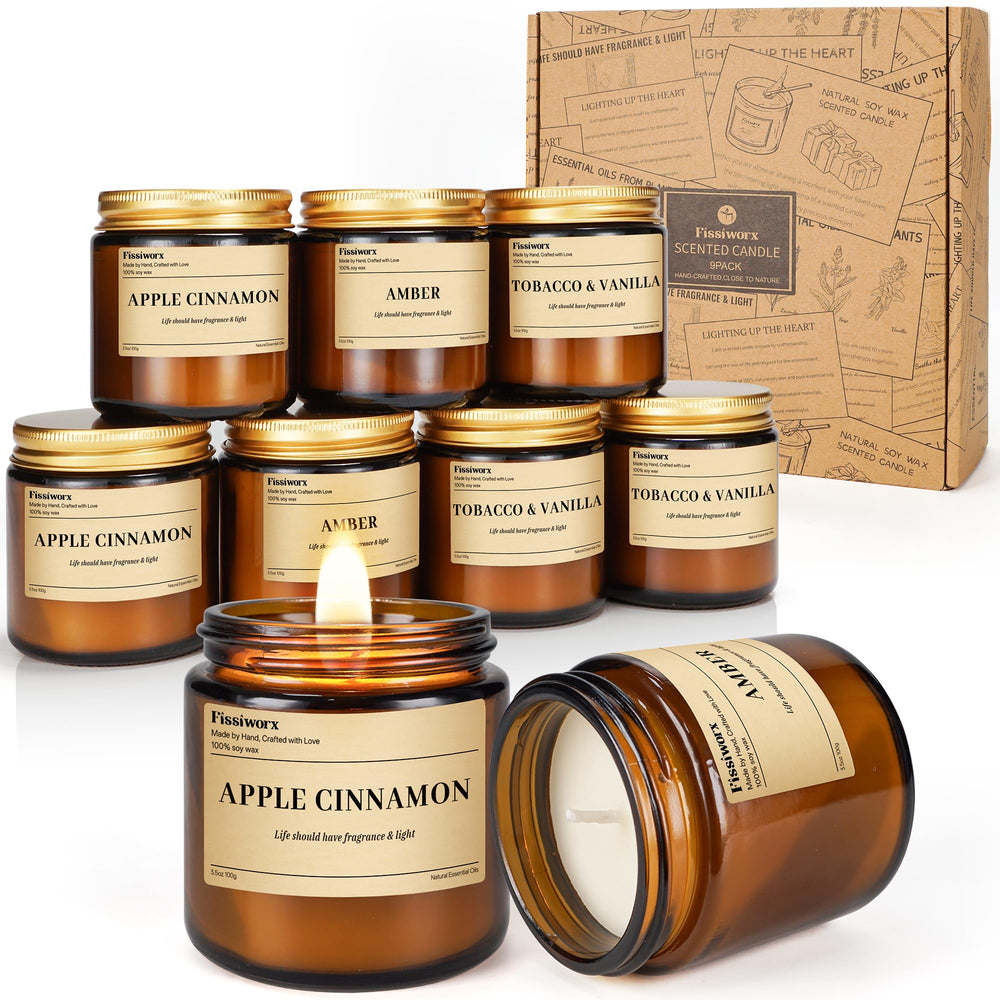 Fissiworx 9-pack soy candles Apple Cinnamon in a cozy living room ambience