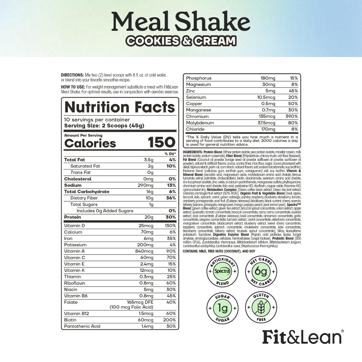 Fit & Lean Meal Shake label highlights 20g protein per serving