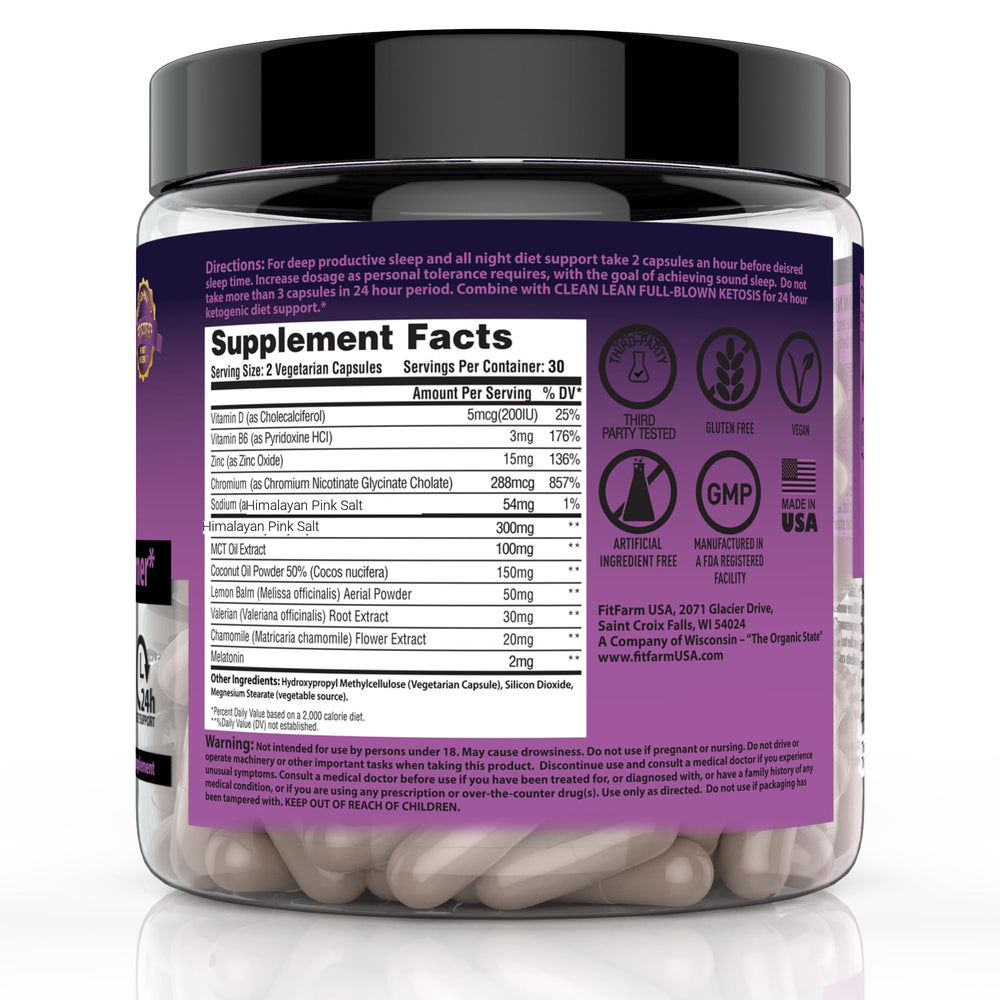 Capsules from FIT FARM USA Clean+Lean Night Keto ready for nightly intake