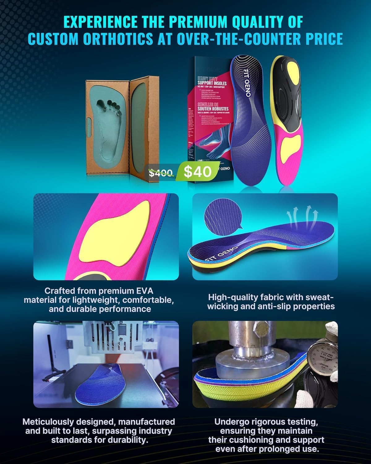 Fit Geno deep heel cup cushions heel and improves foot alignment.
