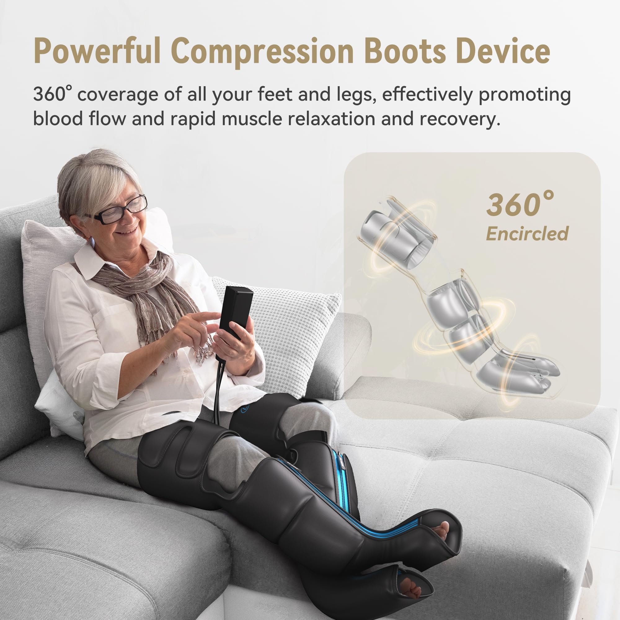 FIT KING airbag chambers illustrate 360° compression across calf and thigh.
