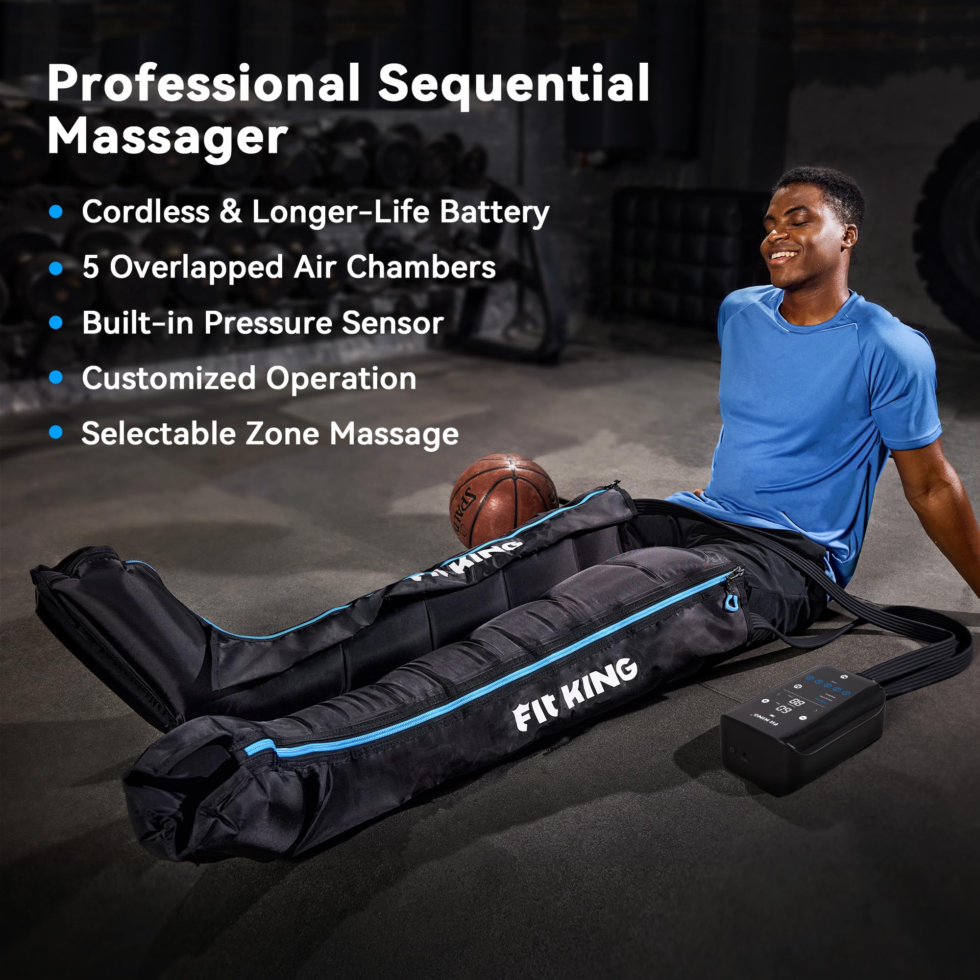 FIT KING battery-pack – 2500mAh cordless power supports on-the-go recovery.