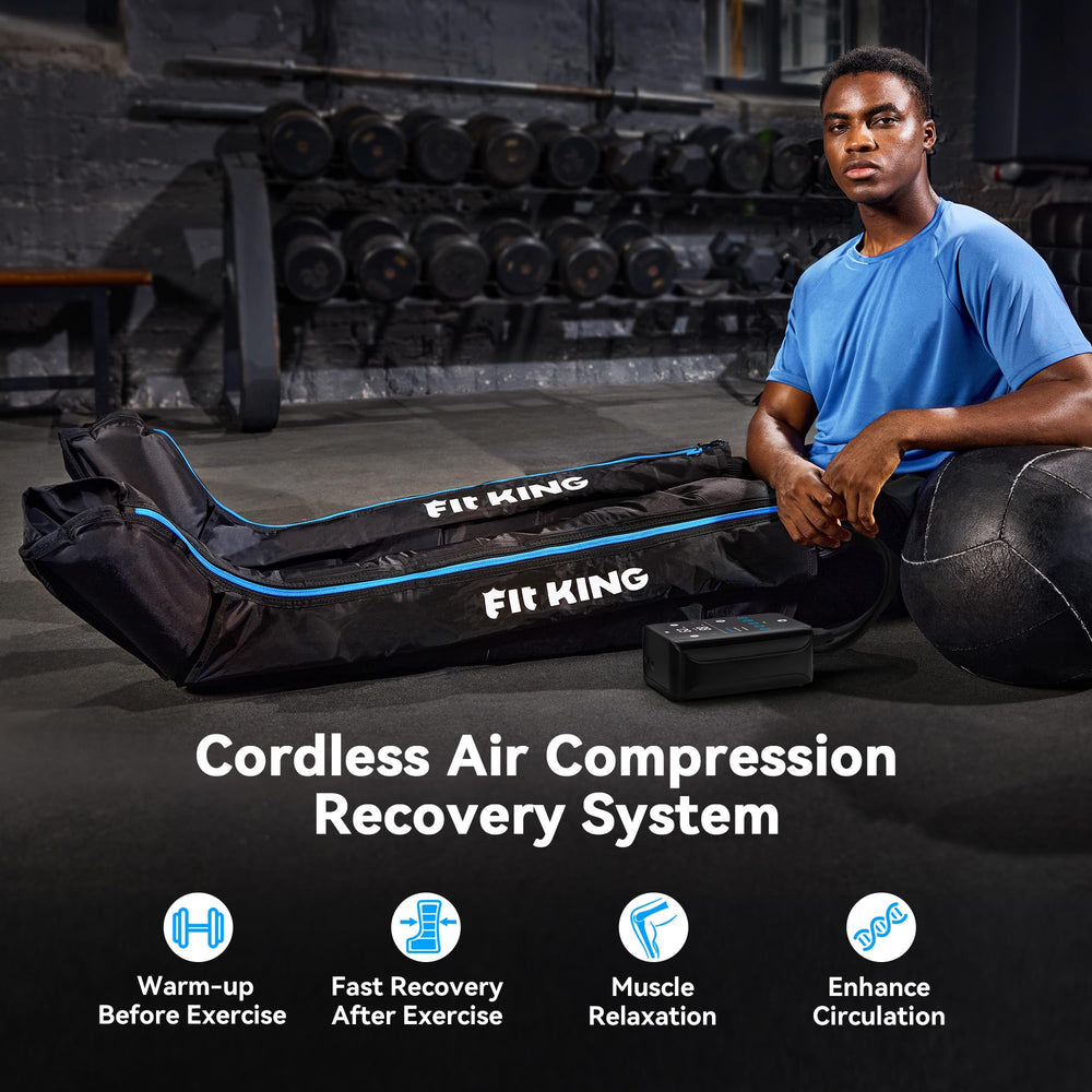 FIT KING cordless recovery system – five-chamber design with 360 wrap for complete leg coverage.
