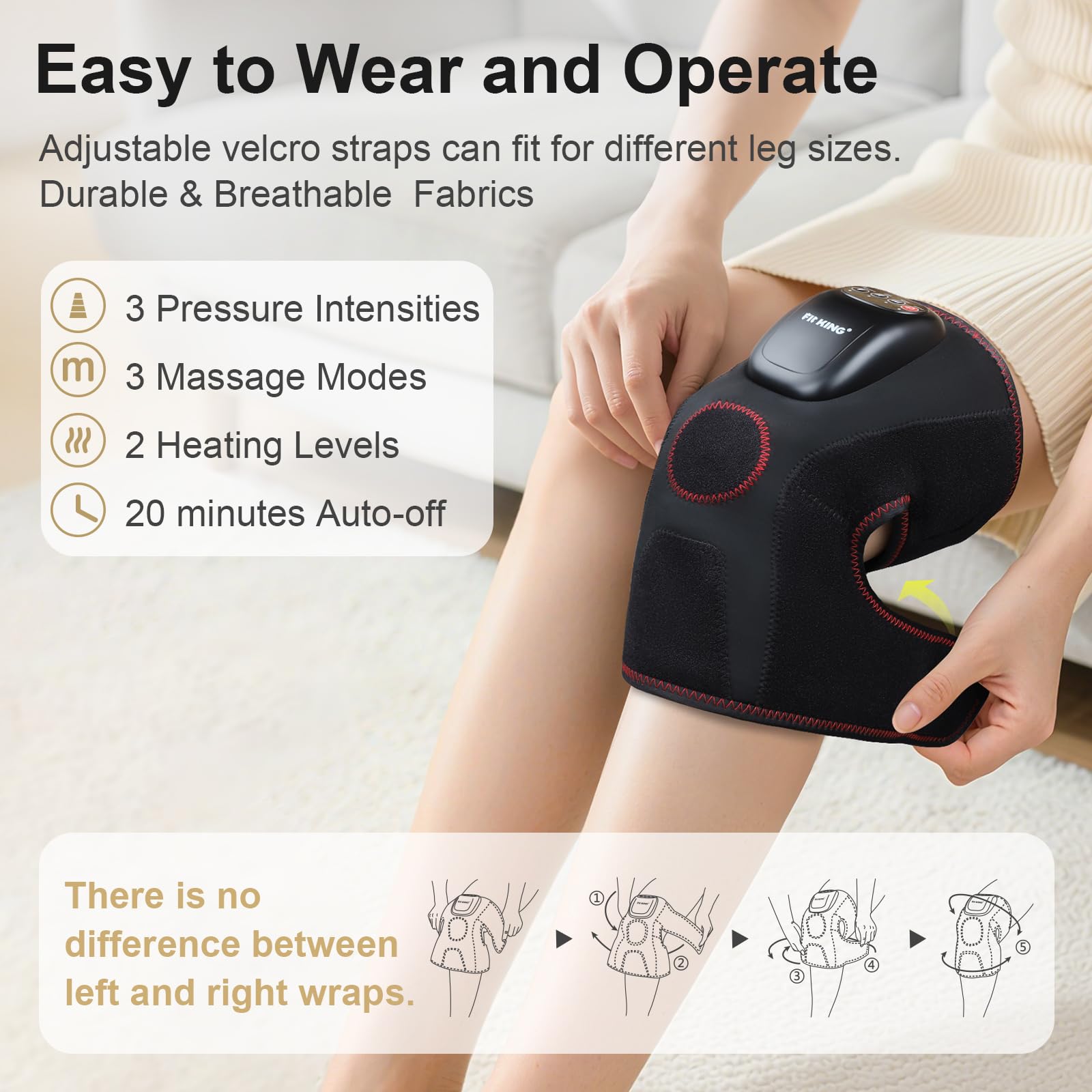FIT KING knee massager heat levels deliver adjustable warmth for comfort.