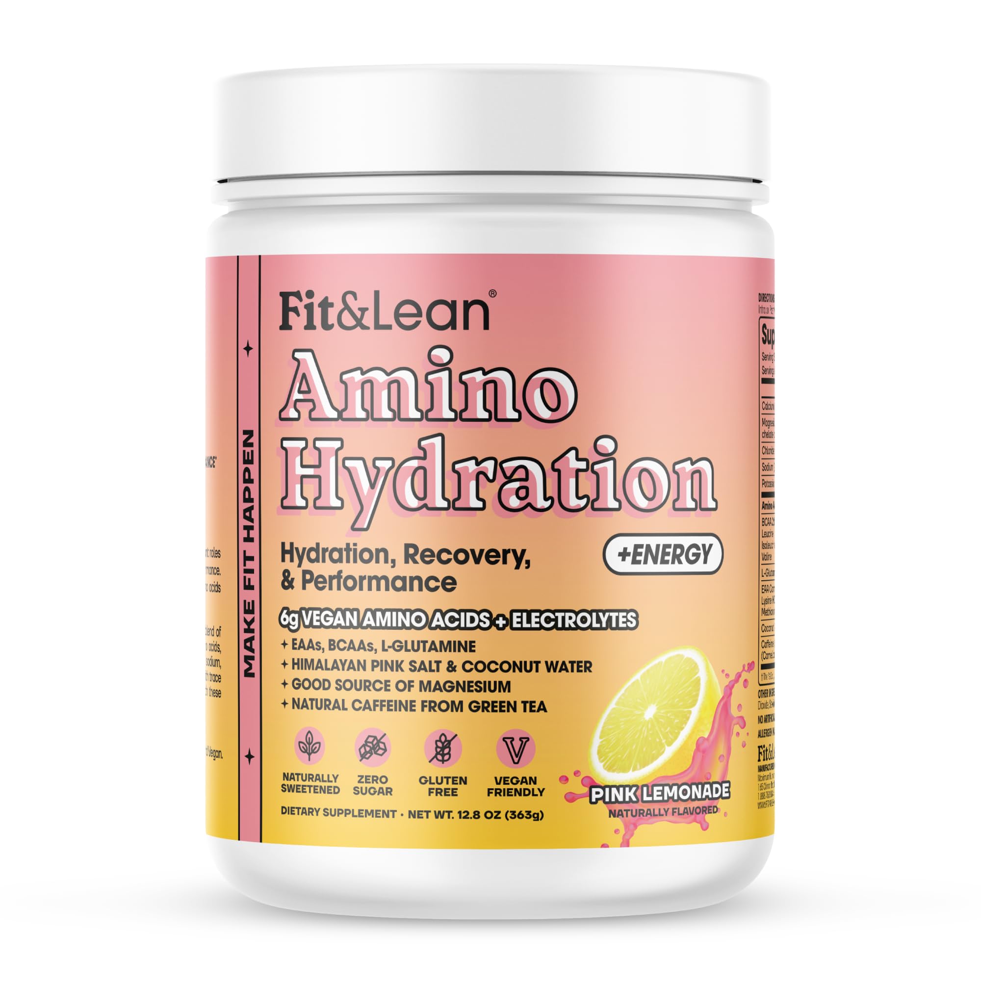 Fit & Lean Amino Hydration Plus Energy pink lemonade tub for vegan hydration.