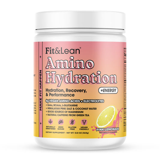 Fit & Lean Amino Hydration Plus Energy pink lemonade tub for vegan hydration.