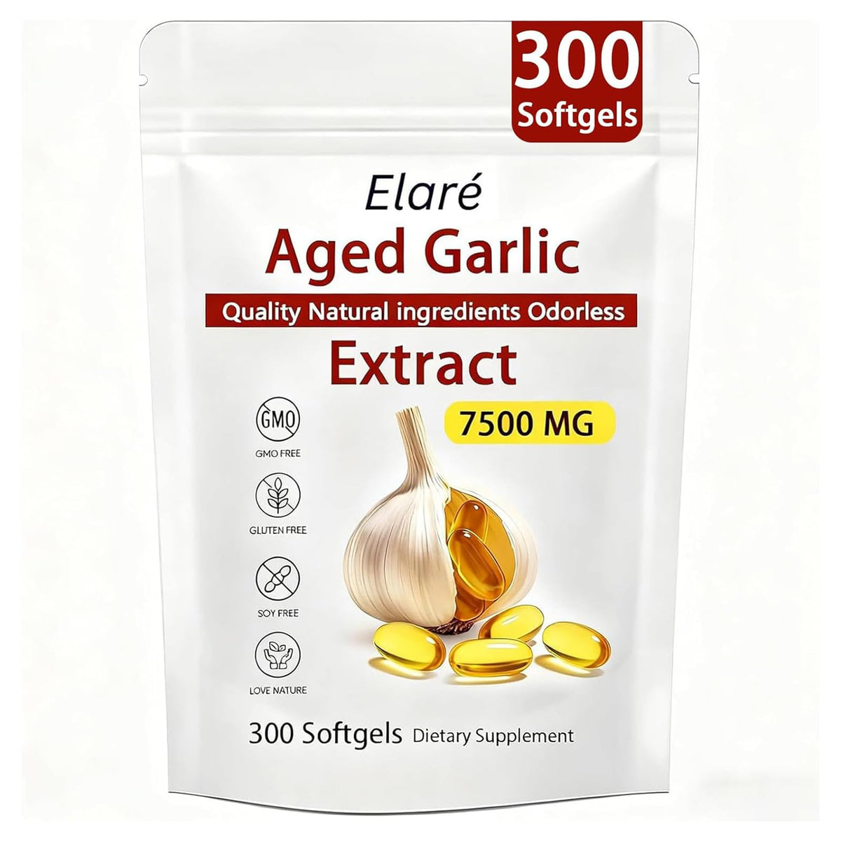 FITactic Elare aged garlic bottle front with odorless capsules for daily heart and immune support.