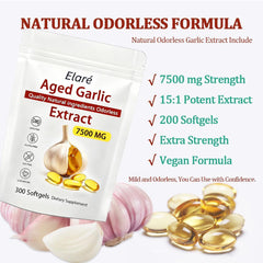 Closeup of FITactic Elare aged garlic softgels showing odorless, gentle formula.