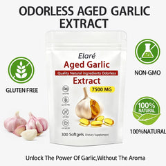 Bottle label shows gluten-free, non-GMO, vegetarian features for FITactic Elare aged garlic.
