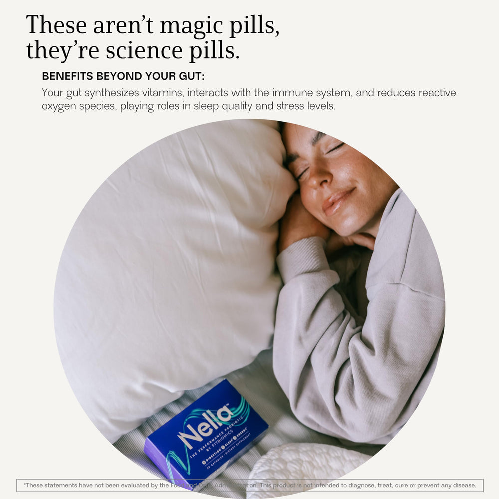 Nella packaging box emphasizing compact, travel-friendly probiotic