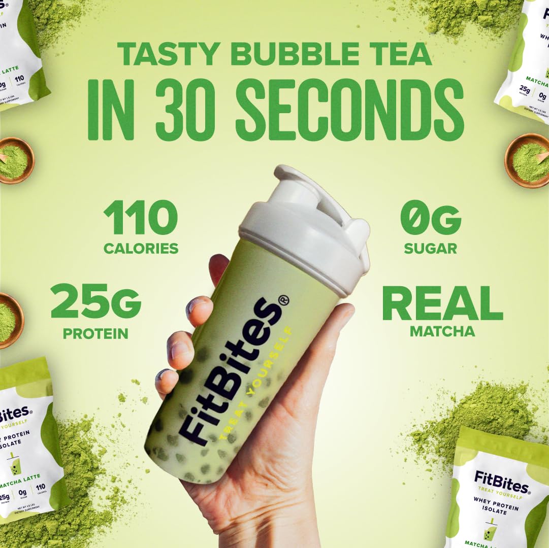 FitBites Matcha Latte powder beside boba pearls for craving-friendly pairing.