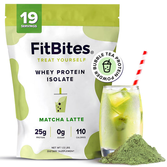 FitBites Matcha Latte whey protein bottle showcasing on-the-go energy.
