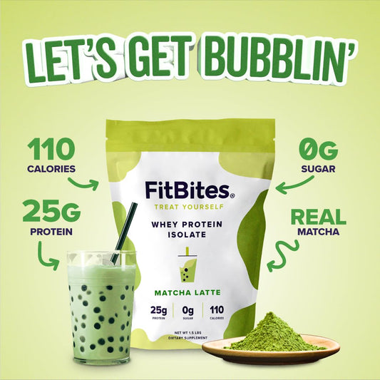 FitBites Matcha Latte whey shake blending smoothly with milk or water.