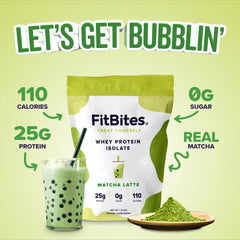 FitBites Matcha Latte whey shake blending smoothly with milk or water.