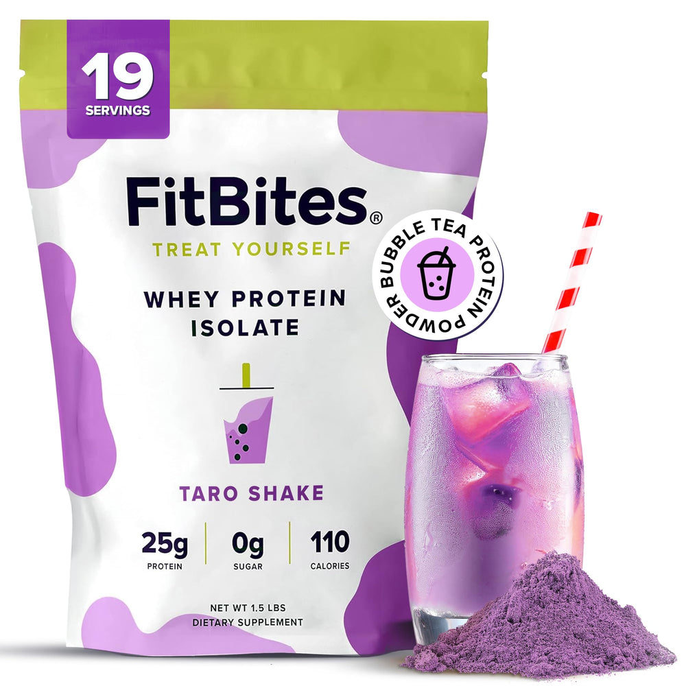 FitBites Taro whey protein powder jar showing real ingredients and high protein quality.