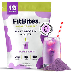 FitBites Taro whey protein powder jar showing real ingredients and high protein quality.