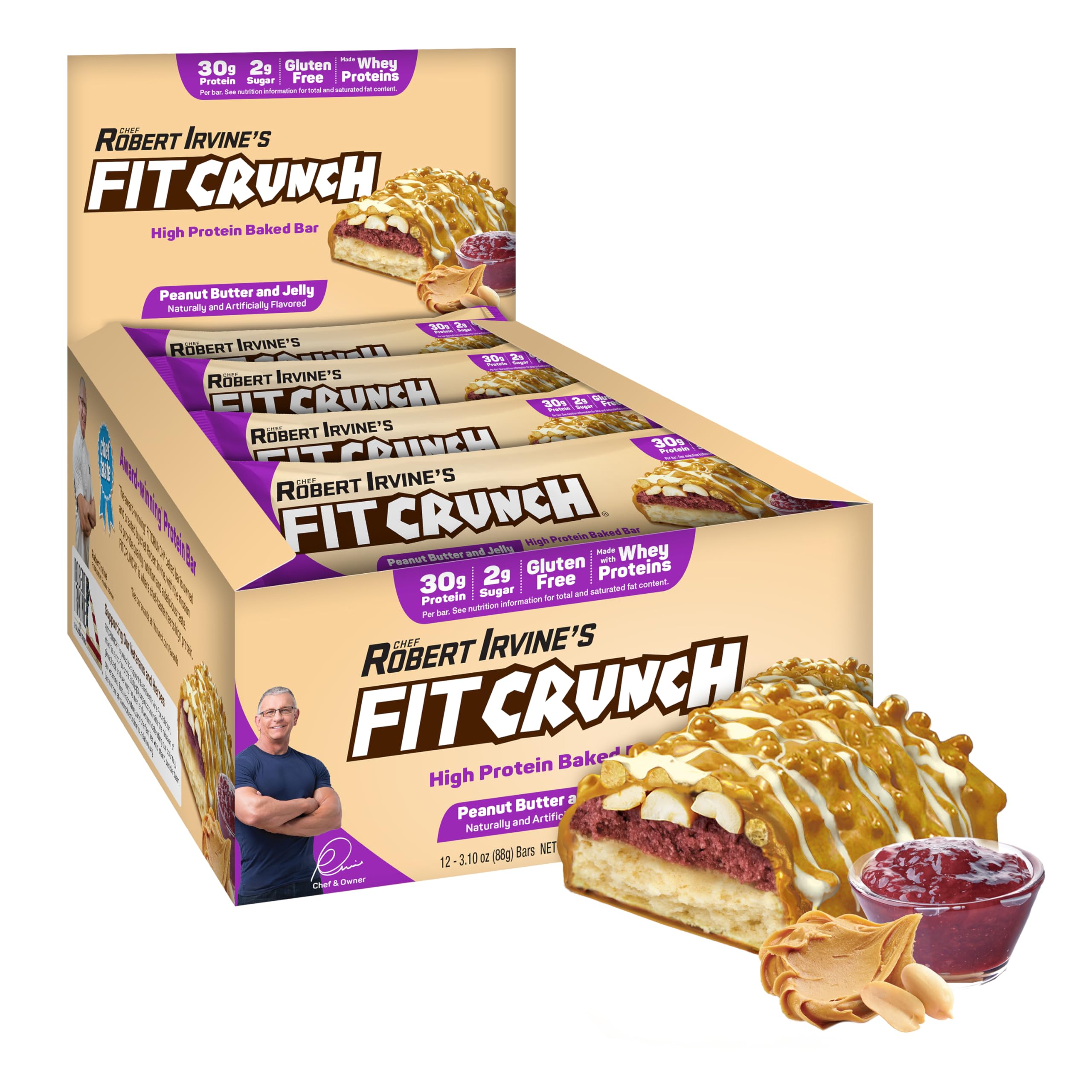 FITCRUNCH 6-layer PB&J bar with soft cake core, ideal post-workout fuel.
