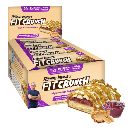 FITCRUNCH 6-layer PB&J bar with soft cake core, ideal post-workout fuel.
