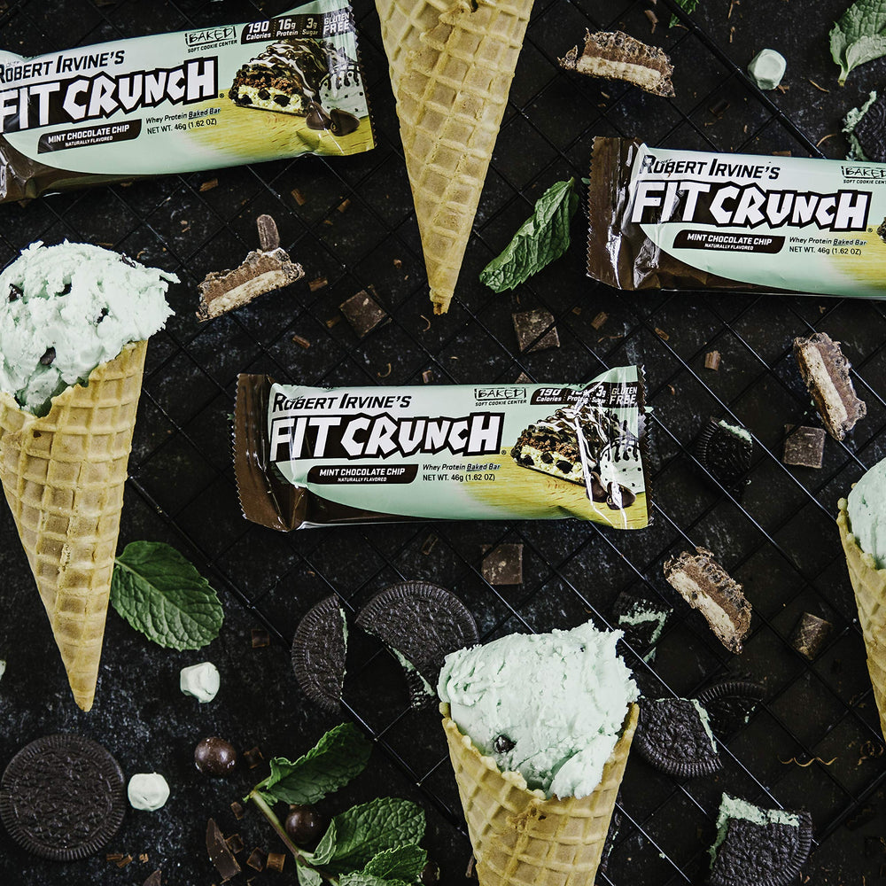 Fit Crunch bar cross-section reveals soft cake core under a crisp outer layer.