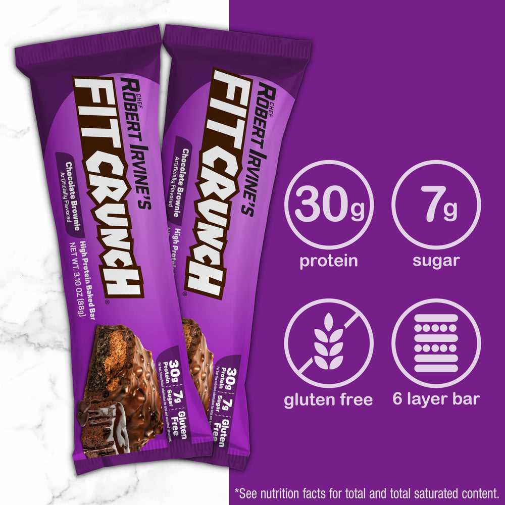 Fit Crunch Chocolate Brownie full bar served, 30g protein per bar for post-workout recovery.