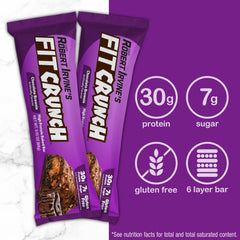 Fit Crunch Chocolate Brownie full bar served, 30g protein per bar for post-workout recovery.
