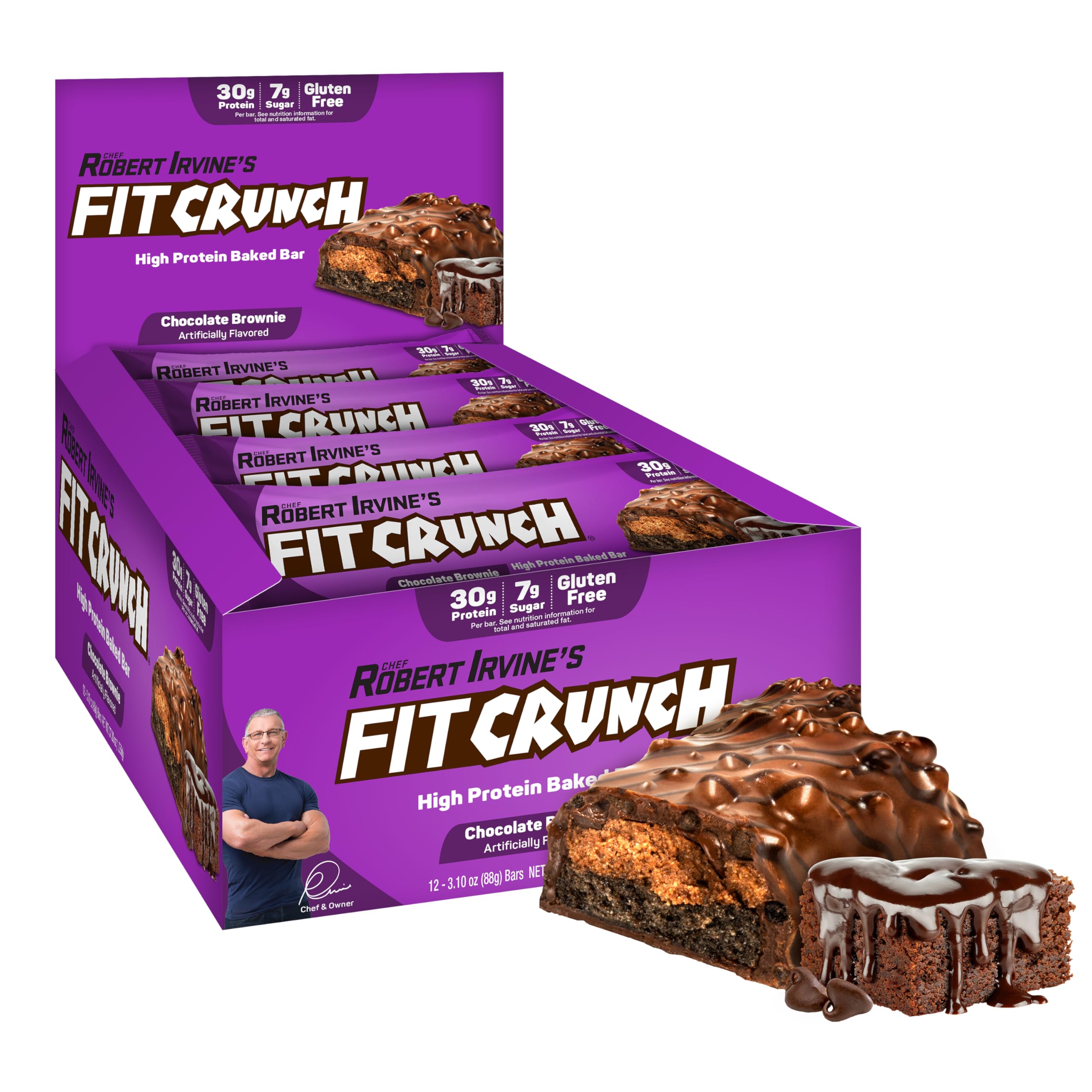 Fit Crunch Chocolate Brownie six-layer bar close-up, protein-rich snack for active days.