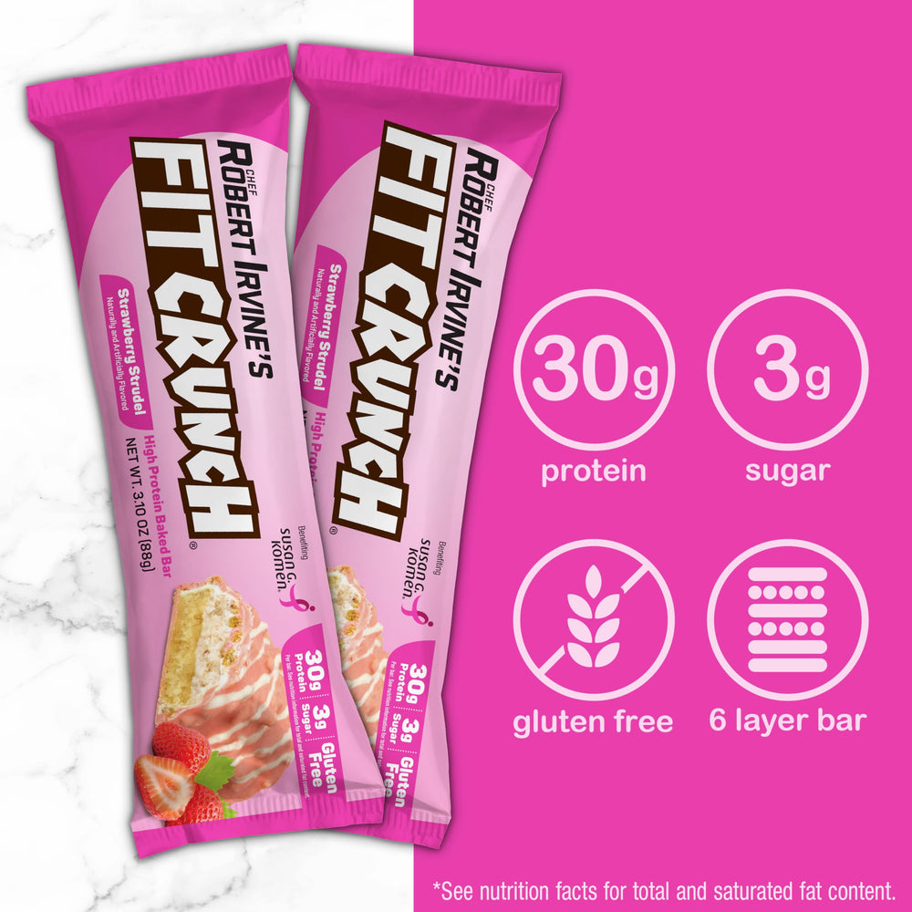 Fit Crunch gluten-free ingredient panel demonstrates clean nutrition with 30g protein per bar.